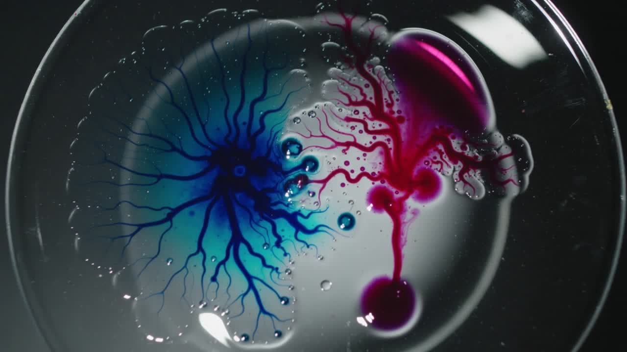 Contacting liquid, blue and pink drops spreading, forming tendrils in glass dish, driven by flow