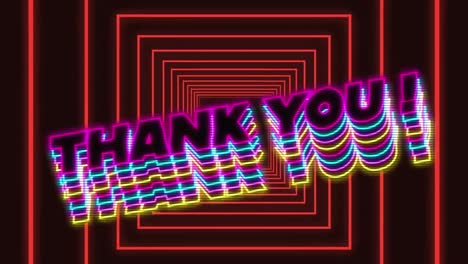 Neon-thank-you-text-with-shadow-effect-against-red-squares-in-seamless-motion-on-black-background