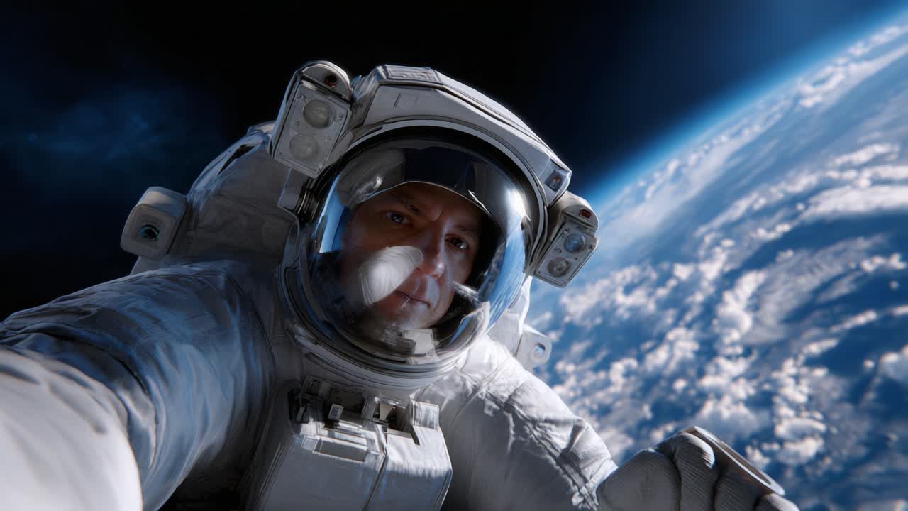 Un astronauta scatta un selfie mozzafiato nello spazio, mostrando la vista spettacolare della Terra dal cosmo mentre sperimenta le meraviglie dell'universo.