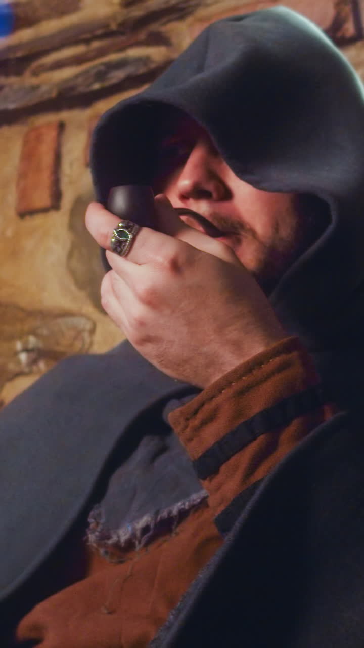 con cubiertas de tubos de nieve por la entrada de la taberna. misterioso espía con capucha se envuelve con una capa cálida mientras la puerta se abre en el pub. invierno medieval casa pública rural