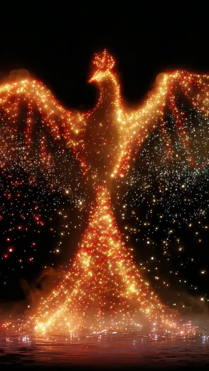 A dazzling phoenix illuminates the night sky with brilliant golden sparks, capturing the essence of rebirth and beauty while shimmering above a shimmering surface that reflects its fiery glow