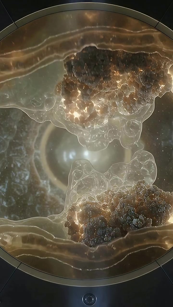 Vertical video: Bulging tubular membrane pushing thin mass through round port rim, forming clumps