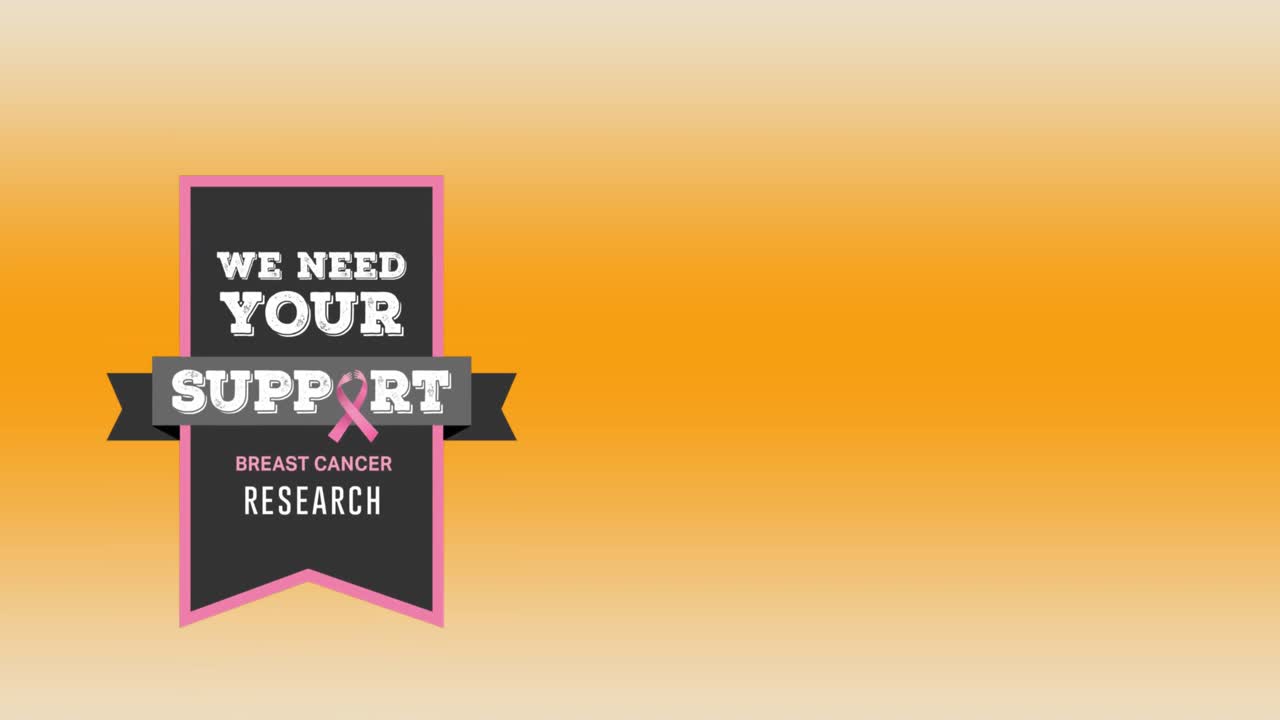 animación de texto de investigación sobre el cáncer de mama y cinta sobre un fondo naranja.
