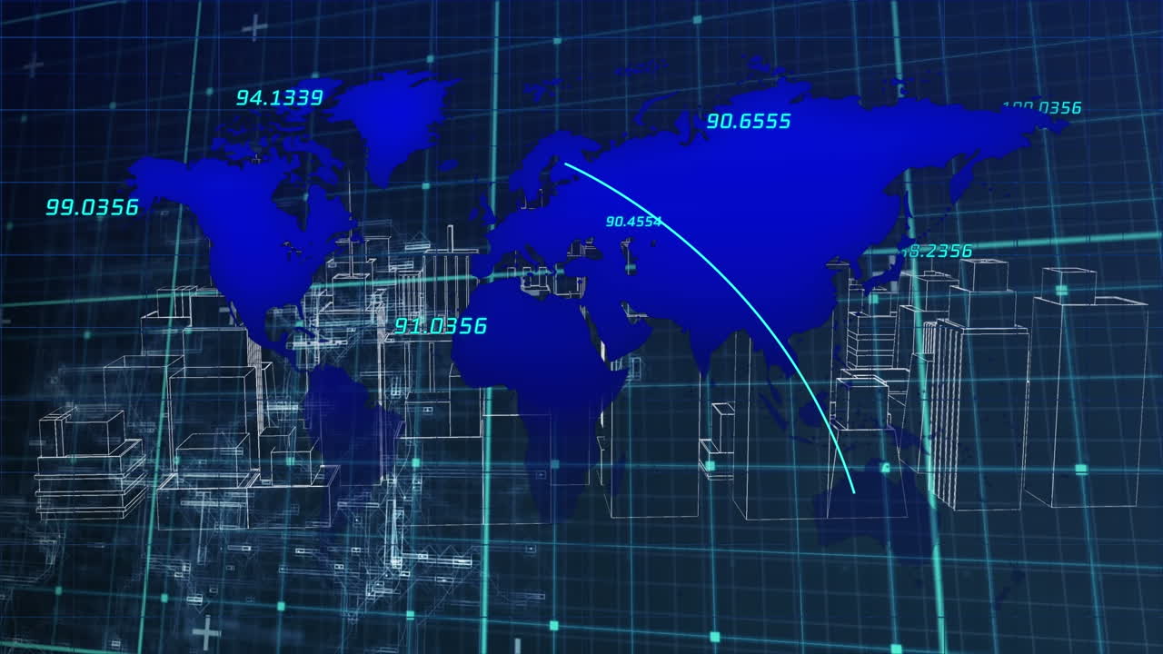 금융 데이터, 세계 지도 및 메타버스 도시 애니메이션, 해군 디지털 공간