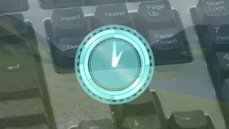 animación de reloj en movimiento sobre las manecillas escribiendo en el teclado y el paisaje