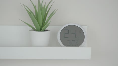 termómetro digital e higrómetro en un estante con una planta