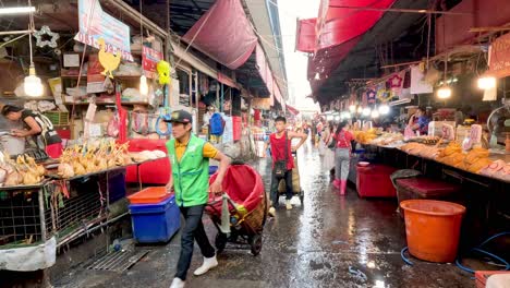 vibrant market activity with pedestrians and vendors