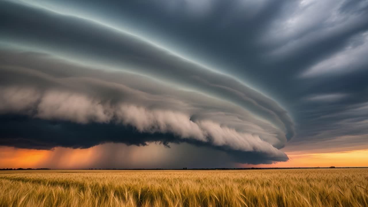 Dramatic Shelf Cloud Formation Over a Golden Wheat Field at Sunset