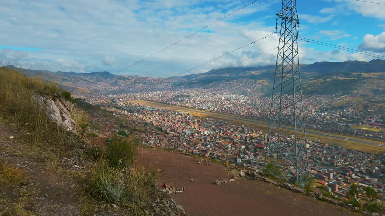 Reveal shot of Cusco airport runway, city, and mountains under a sunny sky, Peru.