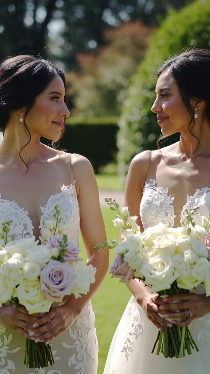 Vertical video: Zooming shot brides in lace gowns sharing looks on lawn at wedding with roses