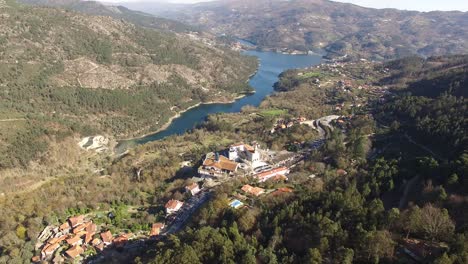 drone footage of river valley in portugal