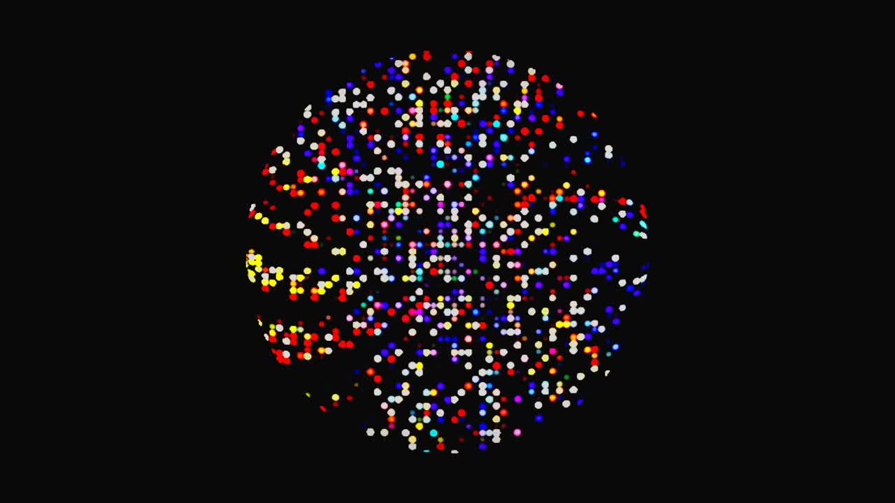 forma redonda animada de luces intermitentes multicolores, sobre un fondo negro