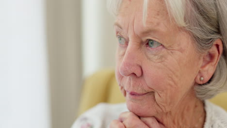 senior woman, sad face and thinking at home