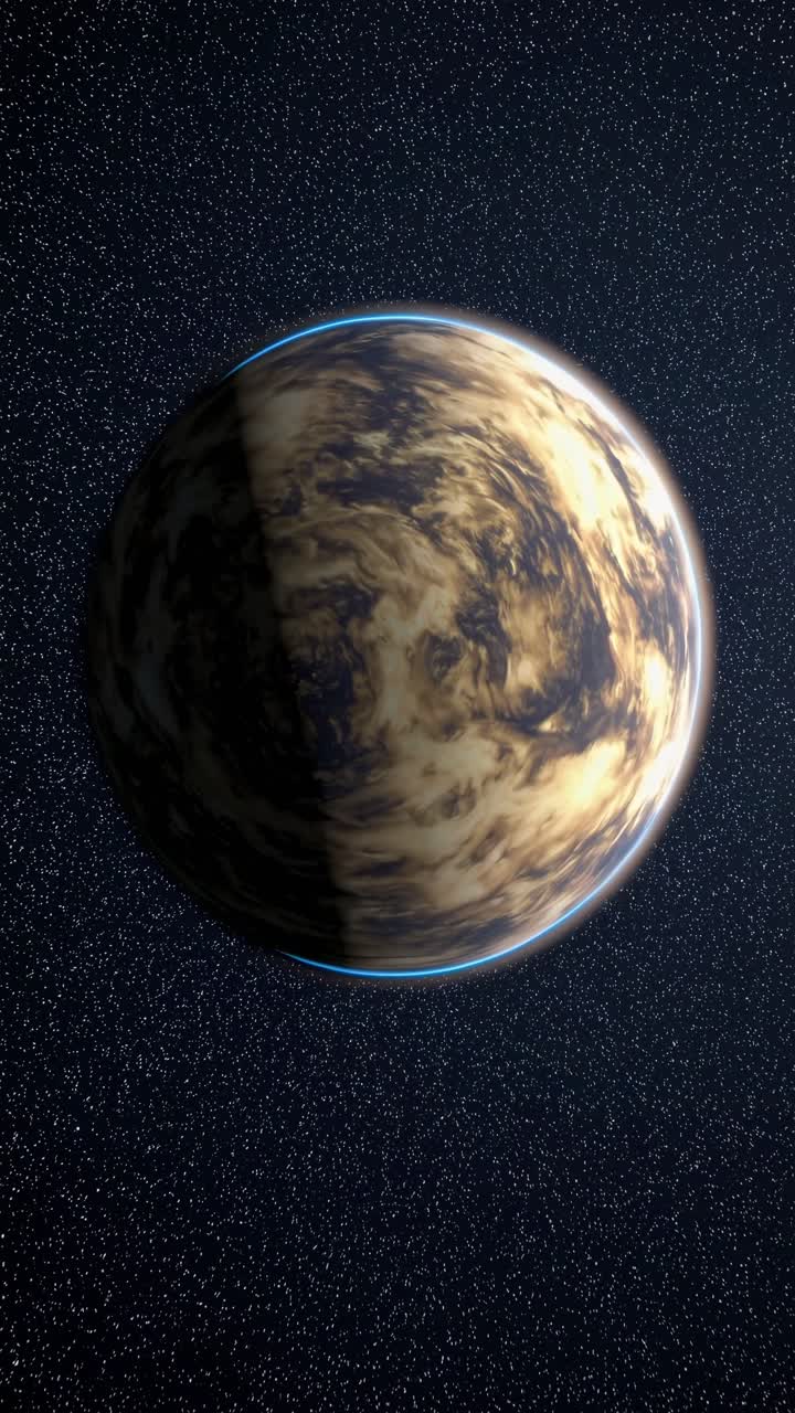 A cinematic video still of a planet in space, captured from a top-down angle, showcasing swirling