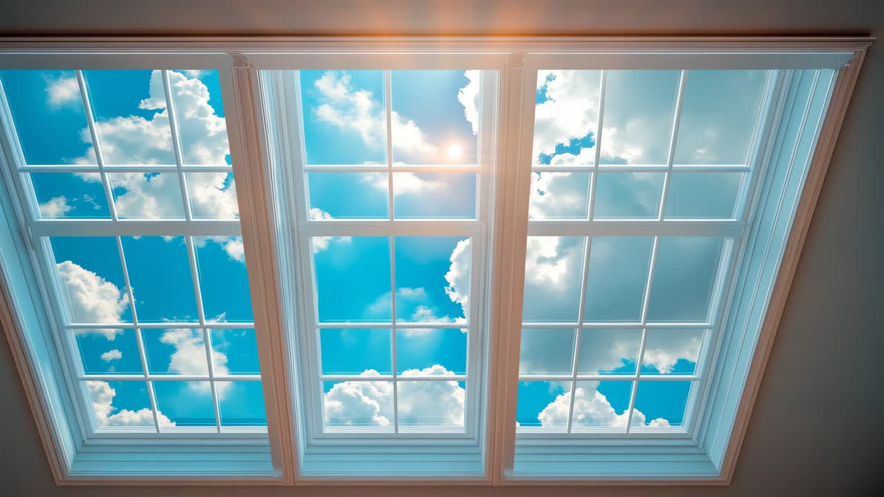 Skylights show blue sky, clouds. Natural light streams through skylights, showcasing a vibrant blue sky dotted with fluffy clouds during the daytime.