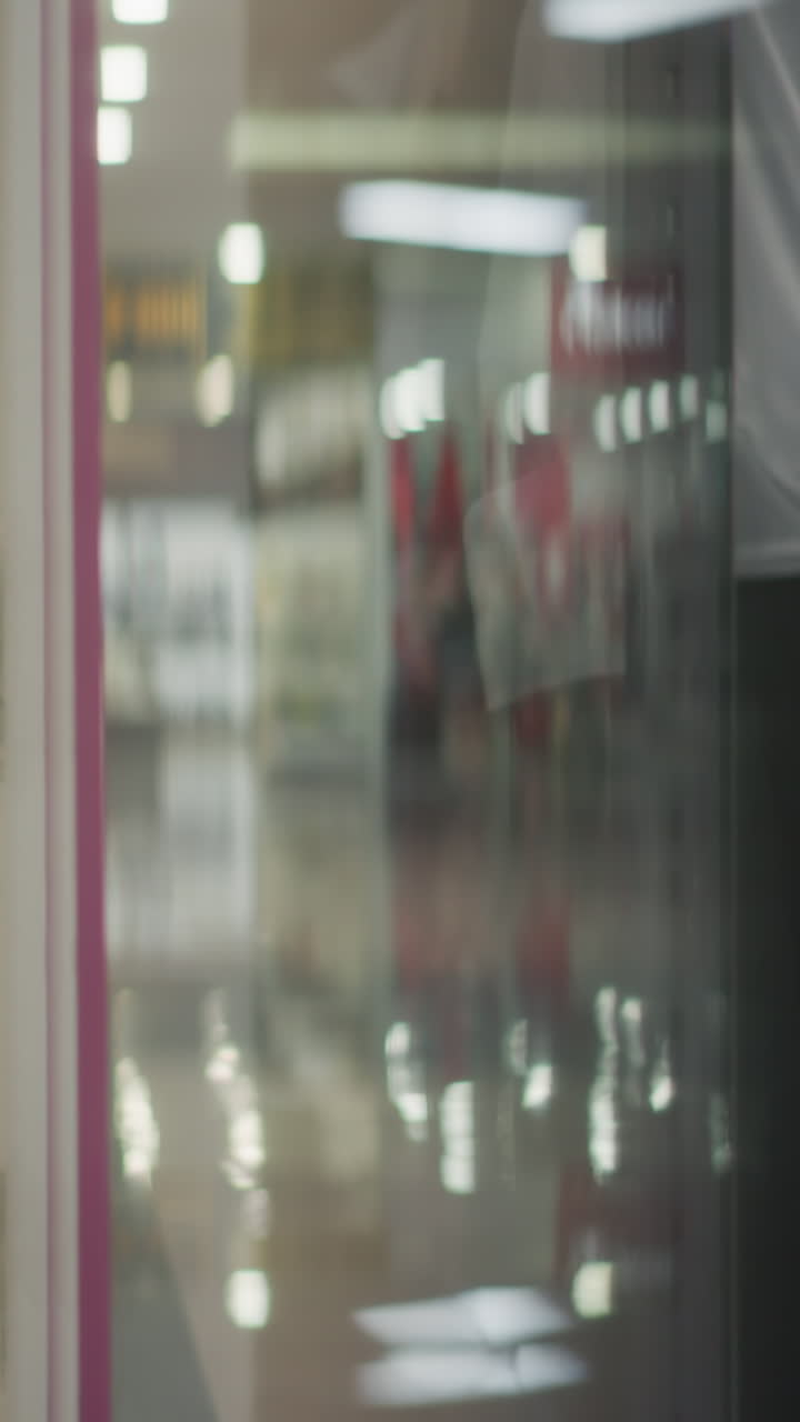 Close-up of clothing rack and mannequins inside retail store with blurred mall background, showcasing elegant garment arrangements, subtle lighting, and reflective glass panels