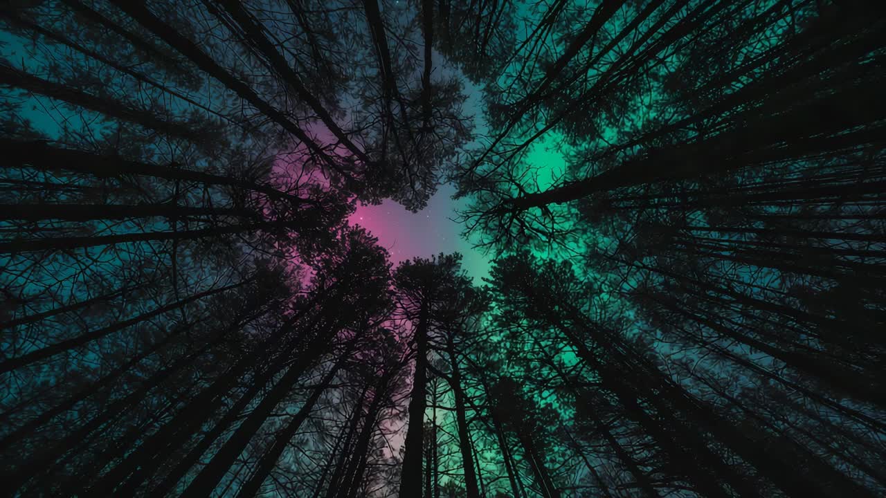 Glowing aurora glow intensifying, revealing circular sky opening above conifer canopy at night