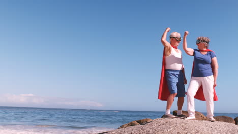 Fancy-dress-mature-couple-raising-arm