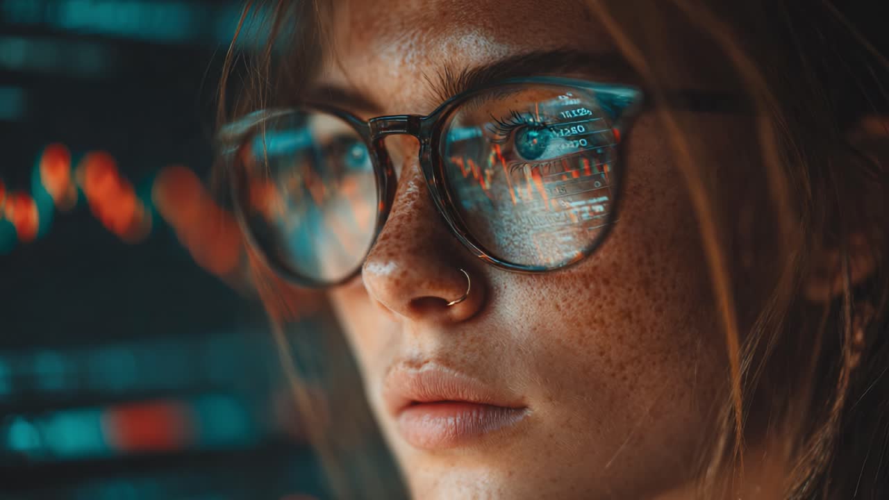 A Close-Up View of a Young Woman with Glasses, Deeply Engaged in Data Analysis, Capturing the Complexity of Information Reflected in Her Lenses Amidst a Technology-Laden Environment