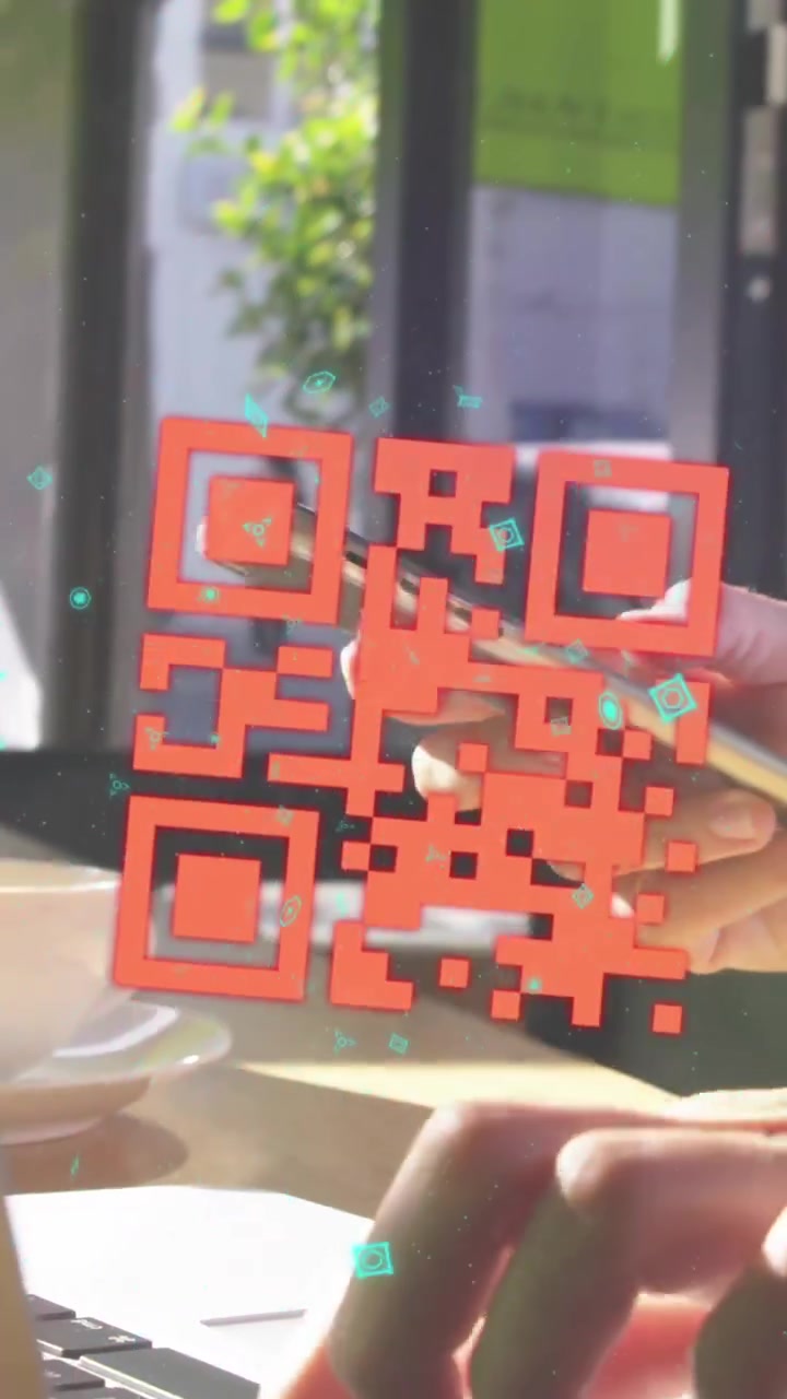 Animation of qr code and shapes over caucasian woman using laptop and smartphone