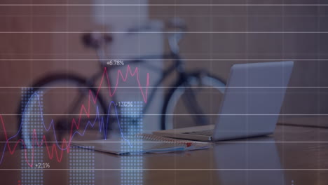 animación del procesamiento de datos estadísticos frente a la vista del equipo en el escritorio y la bicicleta en la oficina