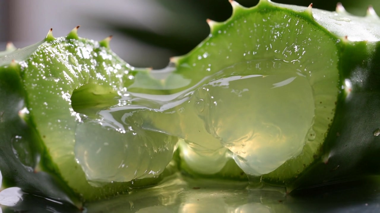 Being cut and releasing translucent gel, halved aloe vera leaf on reflective plate, forming rivulet