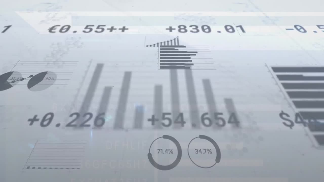 Animation of multiple charts and numbers with currency sign on white background
