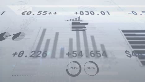 animation of multiple charts and numbers with currency sign on white background