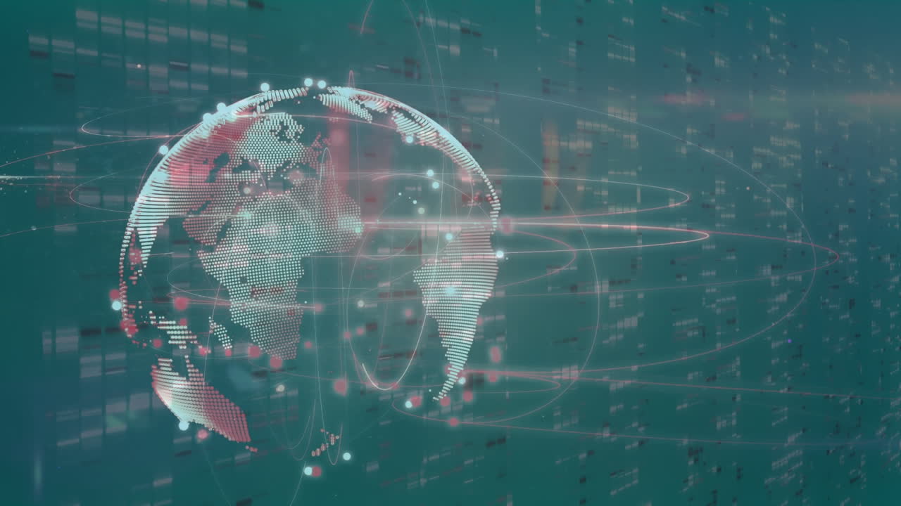 Animation of globe with network of connections and data processing