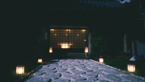 a serene japanese house with a stone path leading to the entrance, illuminated by lanterns at night