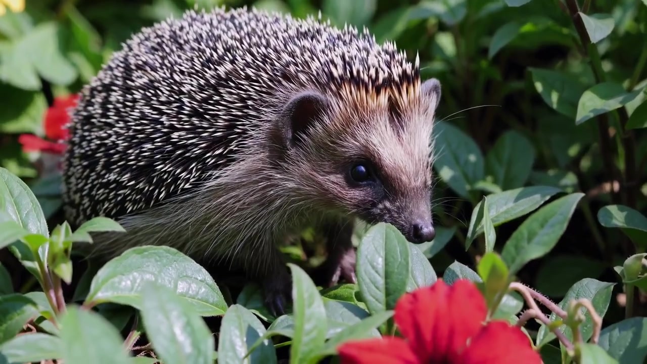 Kleiner Igel geht durch grünes Gartenlaub und Blumen