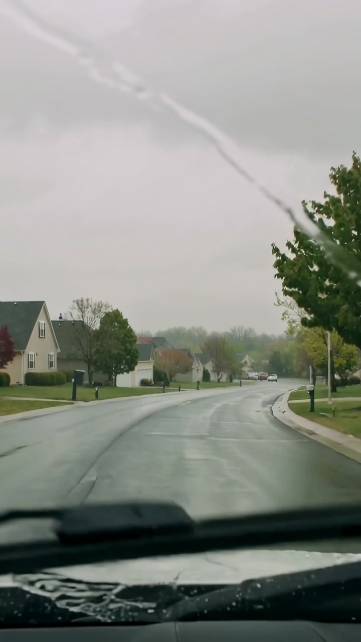 Windshield Wipers Clearing Rain on a Suburban Street