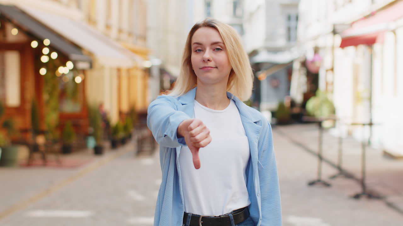 Woman shows thumbs down sign dislike expressing discontent disapproval dissatisfied bad work mistake