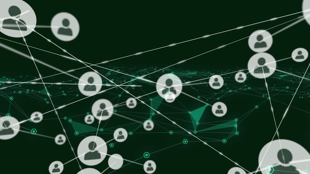 Animation of network of connections with icons over blue connections