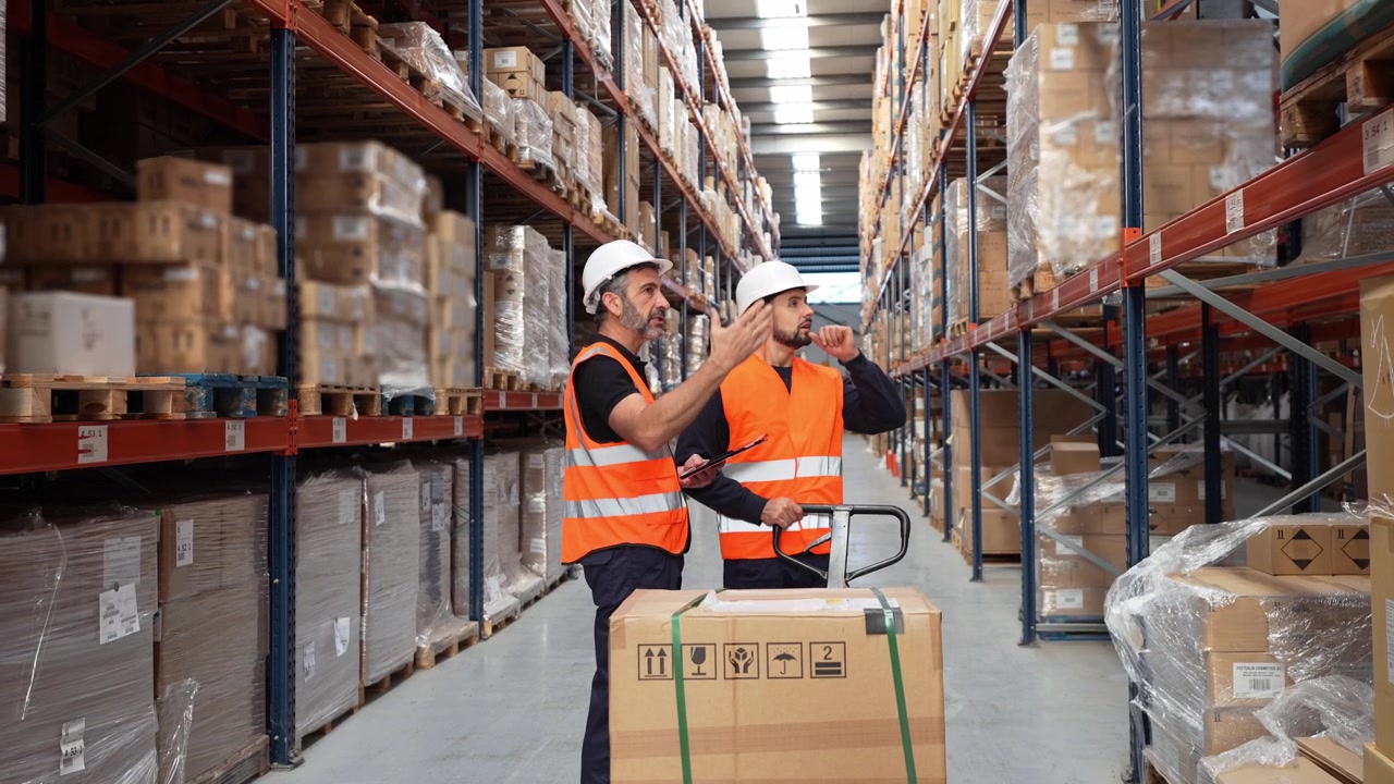 Warehouse Workers Discussing Logistics and Inventory in Distribution Center