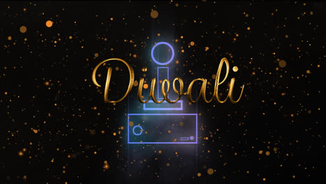 animation of diwali text over gamepad icon and light spots on black background