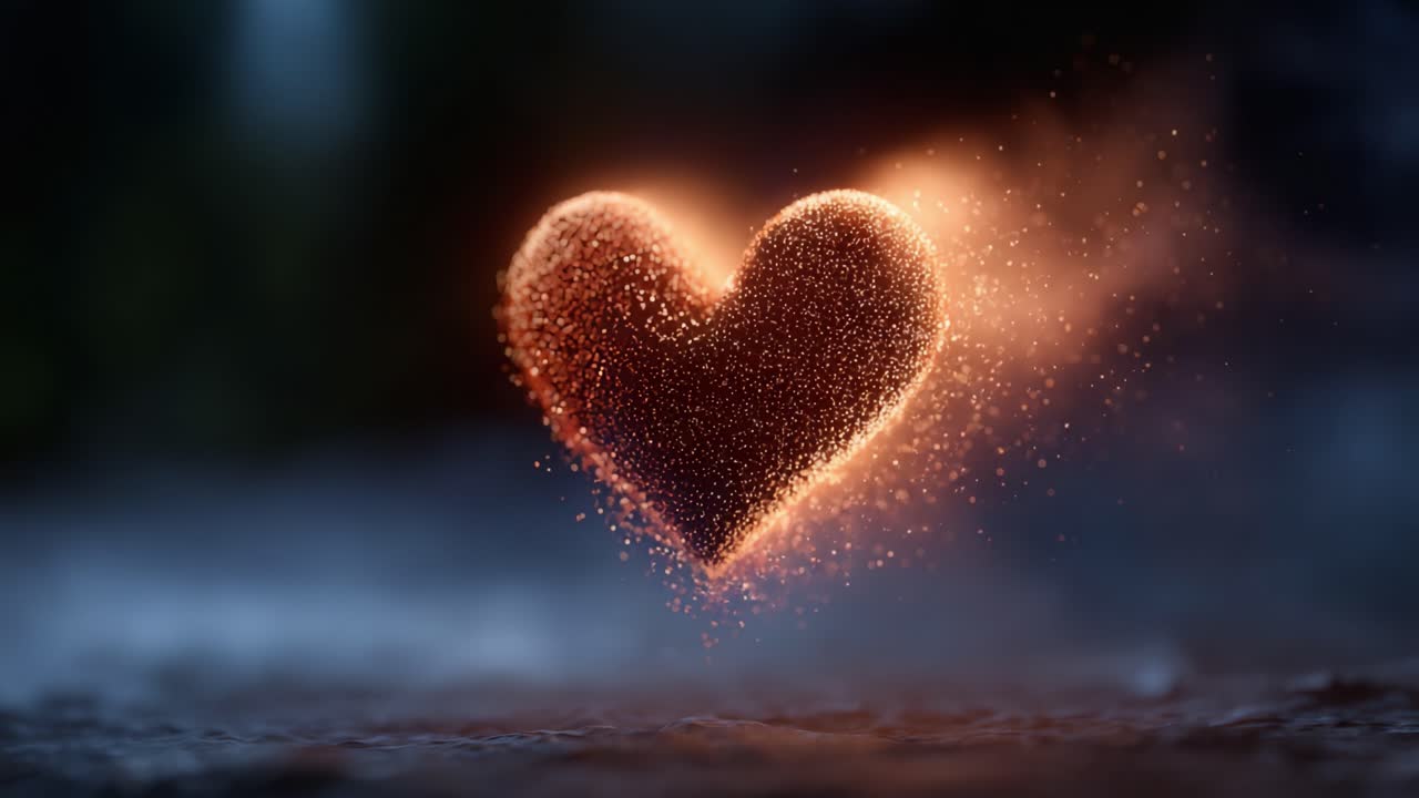 A captivating heart formed by glowing particles, symbolizing love, warmth, and passion, beautifully illuminated against a blurred background, evoking deep emotions