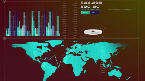 animación del procesamiento de datos estadísticos y del mercado de valores sobre el mapa del mundo contra un fondo de gradiente