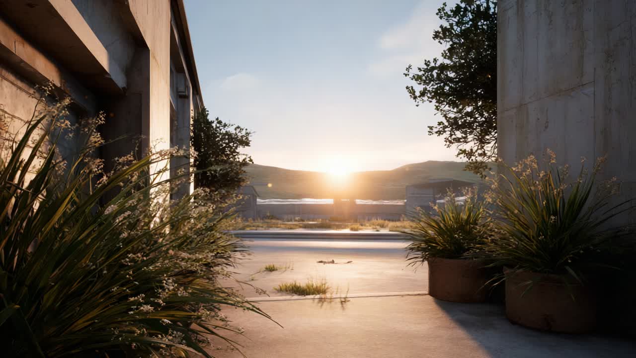 Serene Landscape at Sunset: A Tranquil View Through an Abandoned Structure Capturing the Golden Glimmer of the Setting Sun on Lush Greenery and Sun-Drenched Terrain, Creating a Harmonious Atmosphere