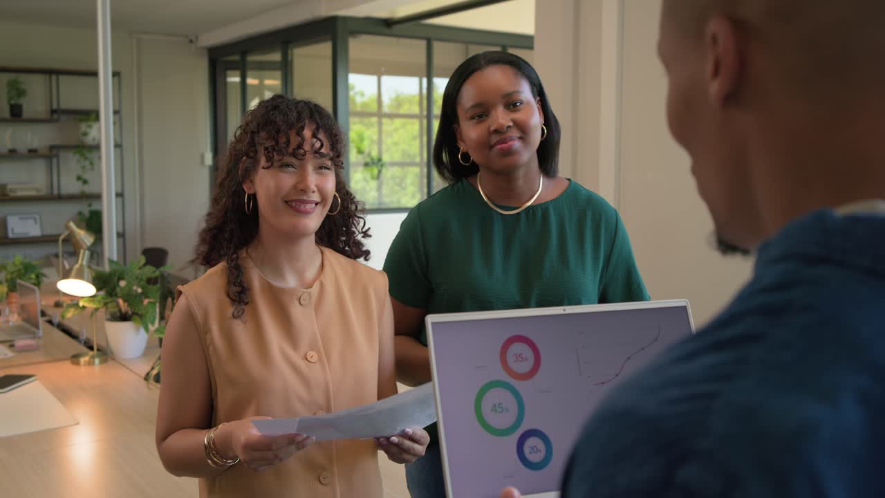 Two female coworkers presenting papers at desk prompted by man holding laptop charts for approval