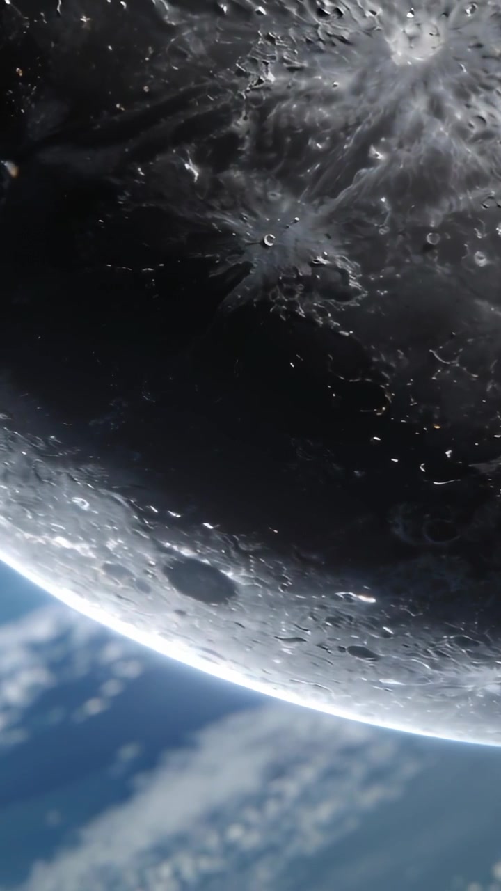 Vertical video: Camera initiating pan over lunar limb and cratered surface, revealing Earth horizon