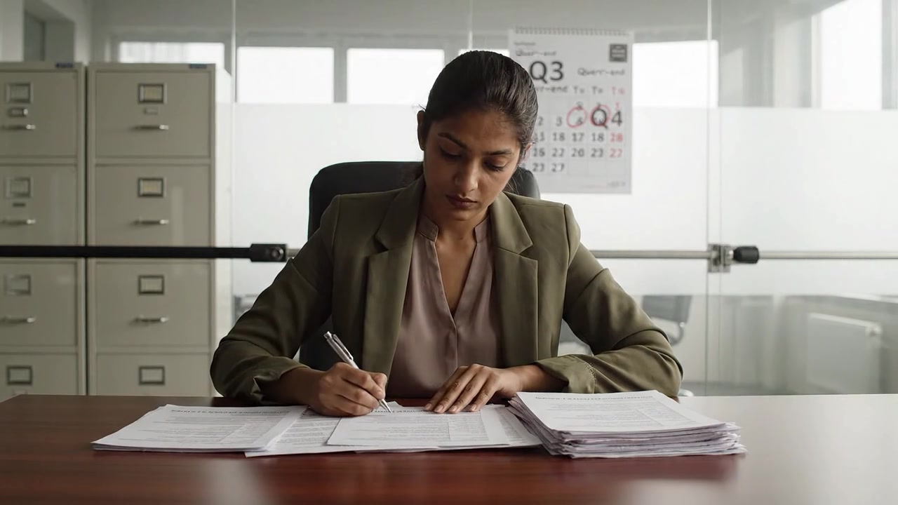 Empresária focada revisando documentos em uma mesa de escritório, preparando relatórios importantes e analisando informações para tomada de decisão e estratégias eficazes.