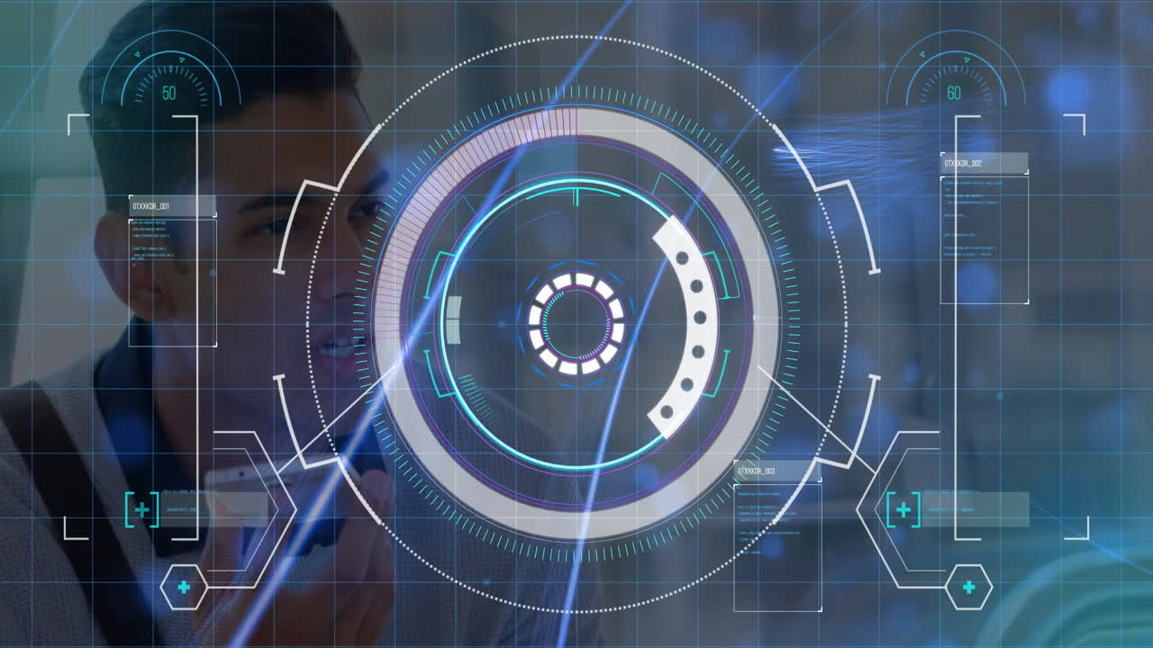 Man speaking into smartphone in tech lab, showing holographic interface with data gauges