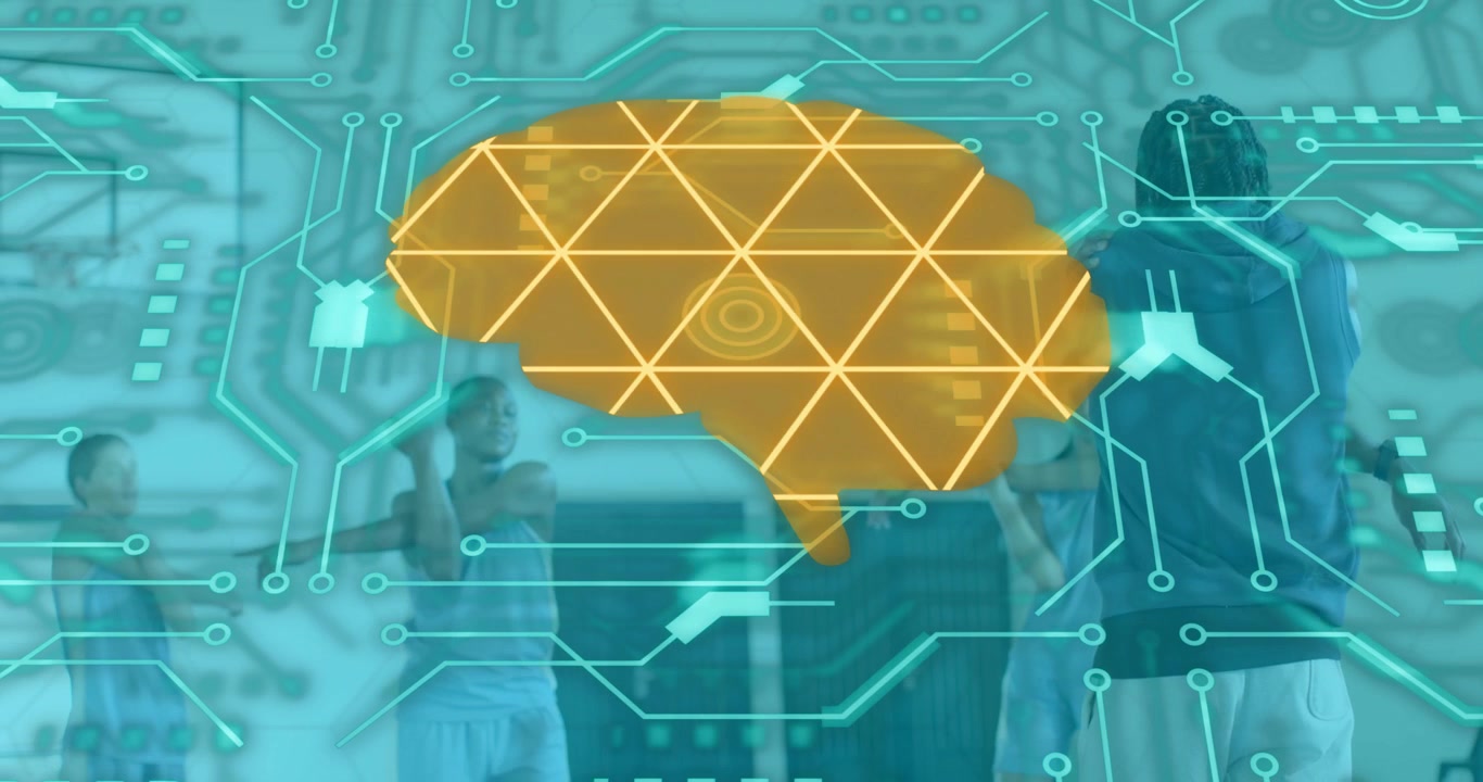 Teammates passing brain icon beneath hoop, tracking hands via circuit, practicing sports passes