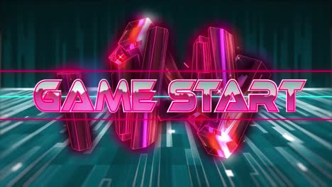 animation of game start text in pink metallic letters over pink blocks and light trails