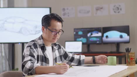 side view of asian male drinking coffee while working on a car design sketch on table in the studio with tv and computers display 3d electric car model