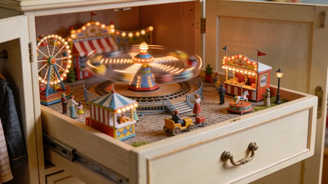 Hand pulling dresser drawer revealing mini fair diorama at home for viewing, carousel spinning