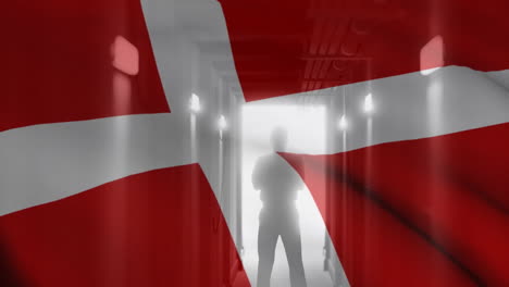 Silhouette standing in narrow corridor with Danish flag overlay, lights and pipes, flat design