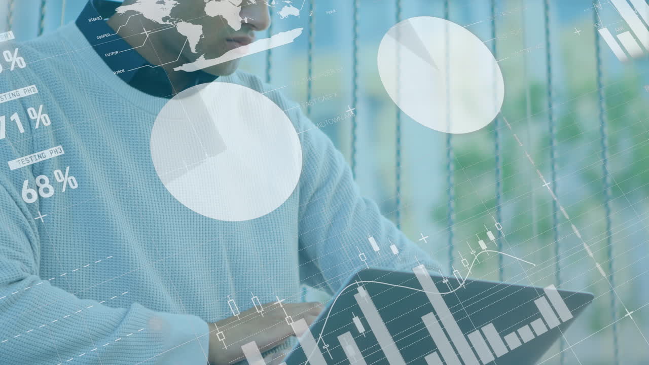 야외에서 노트북을 사용하는 두 인종 남성에 대한 통계 데이터 처리의 애니메이션