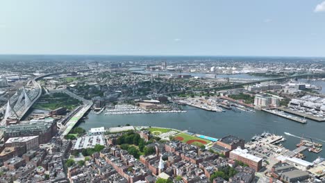 Wide drone shot of Boston&#039;s sprawling neighborhoods with the Charles River in the middle